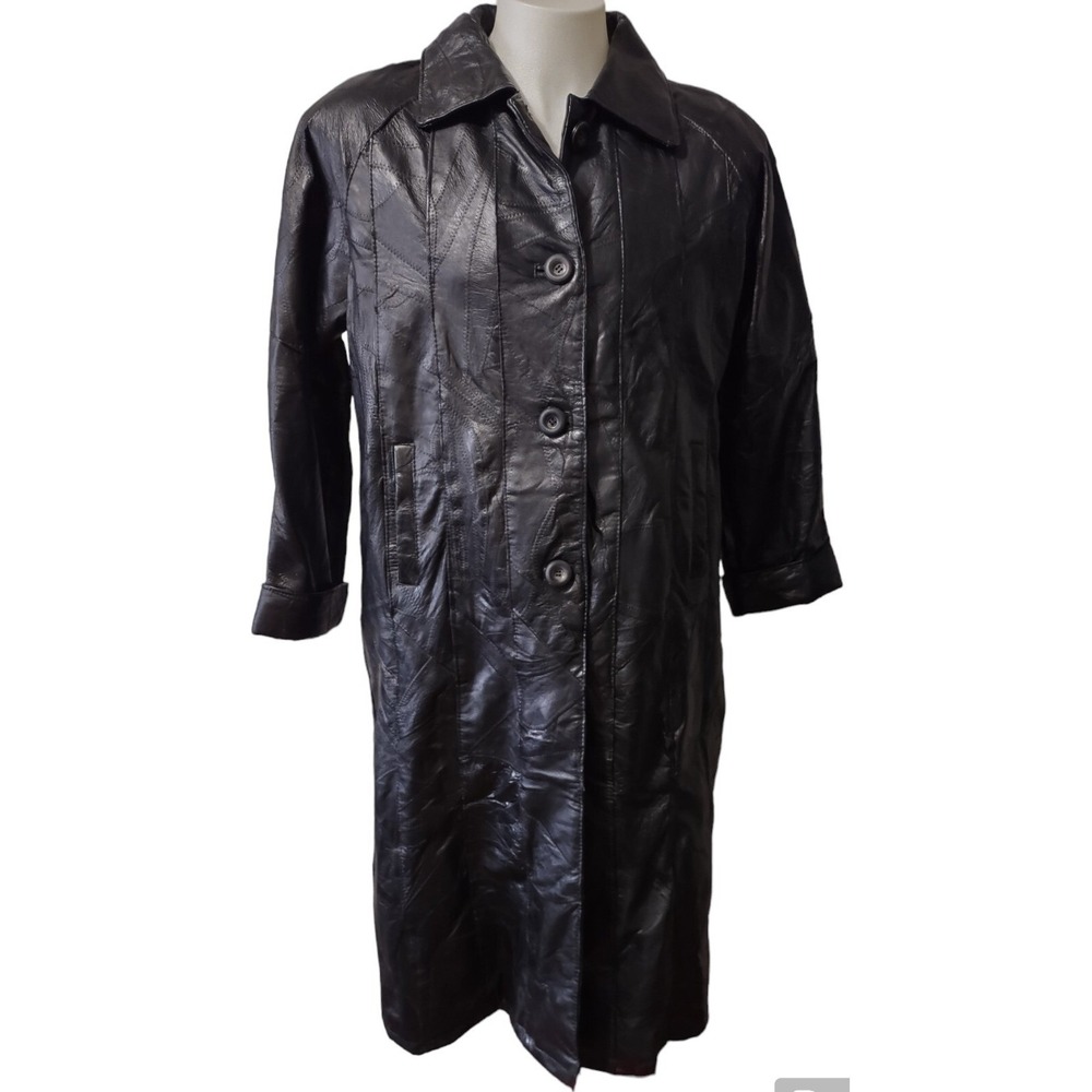 Jillian Valentina Genuine Leather Coat Womans L Pockets Button Up Collared Black